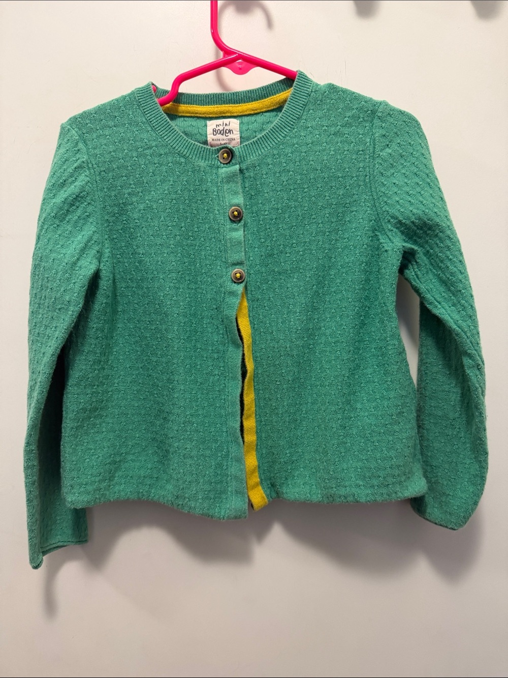 Mini Boden Teal Green Knit Cardigan with Yellow Trim